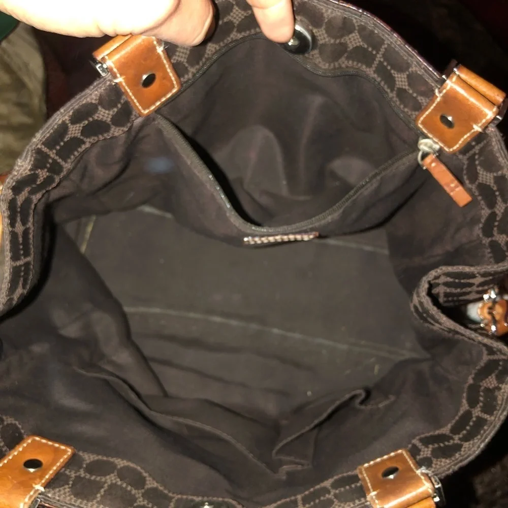 Kate Spade dark brown canvas  shoulder bag geometrical print brown leather trim